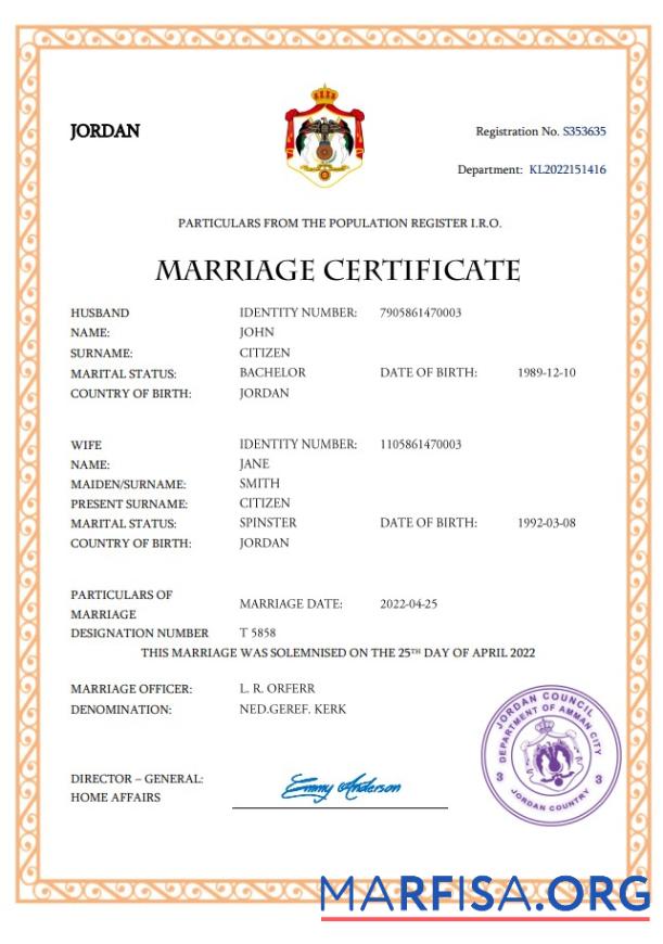 Blank Jordan marriage certificate Word and PDF template